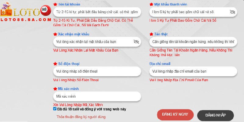 Đăng ký Loto188 2 Mọi thông tin người chơi cung cấp khi đăng ký phải đảm bảo sự chuẩn xác